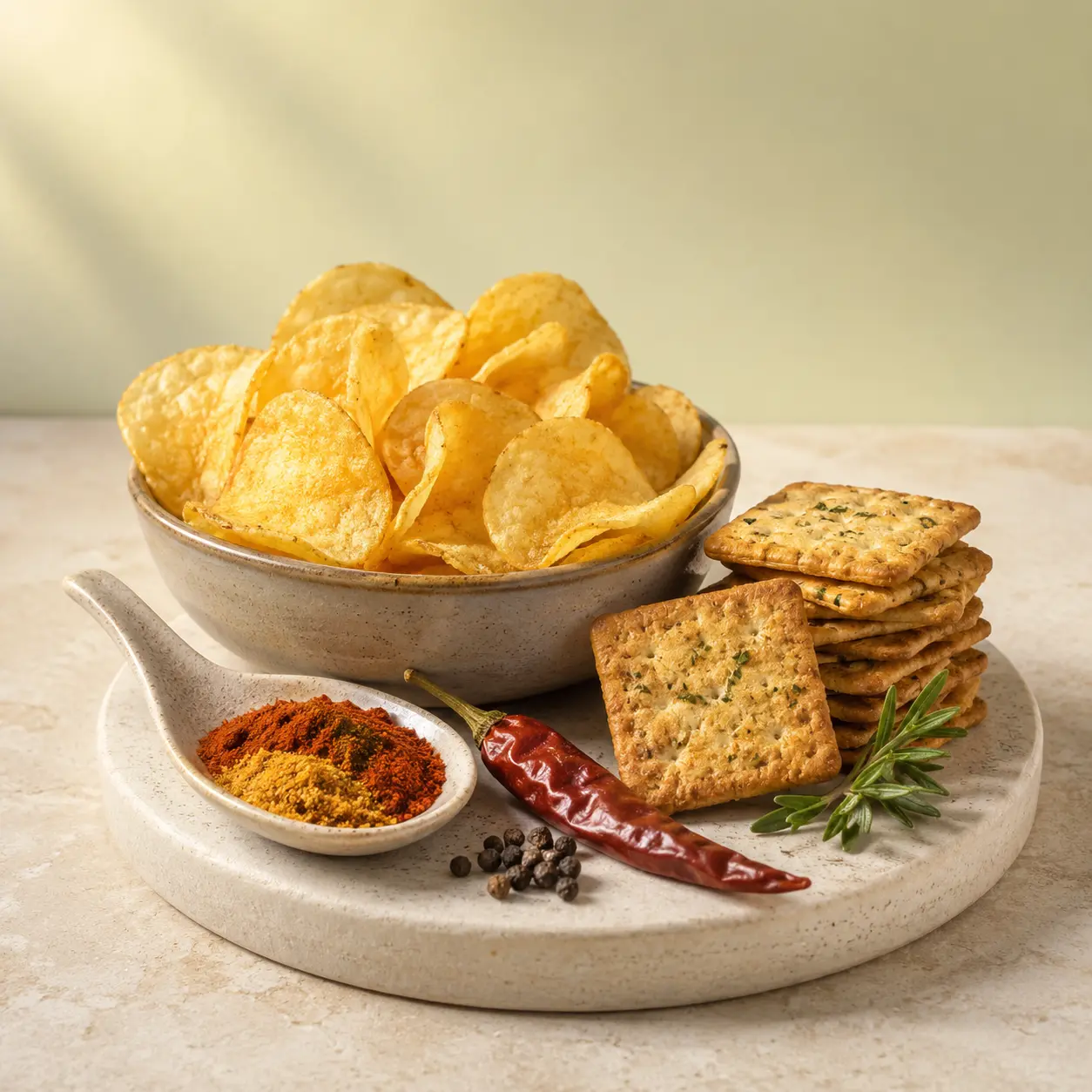 Potato chips and crackers with savory seasonings