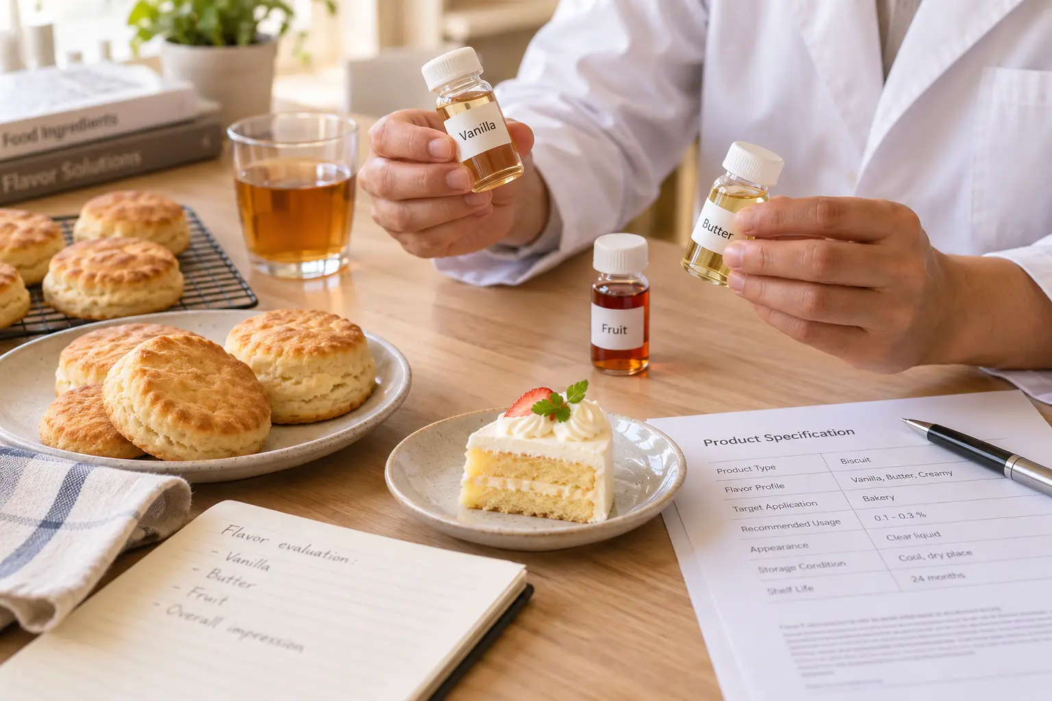 Flavor samples being evaluated with bakery products