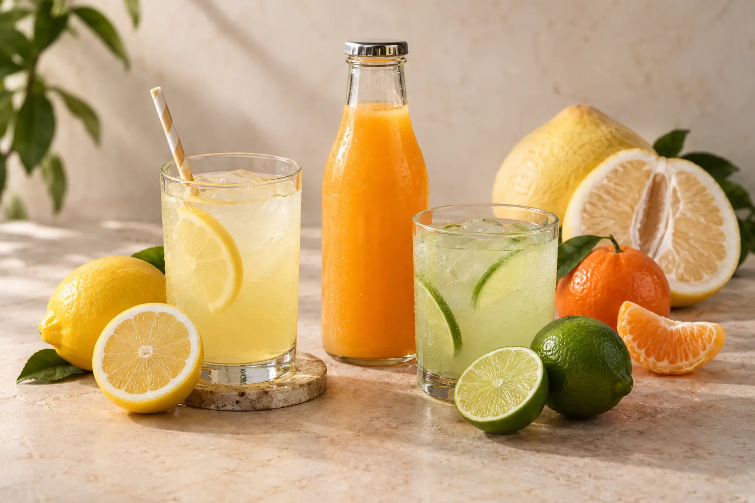 Citrus flavored beverages with orange, lemon, lime, mandarin and pomelo