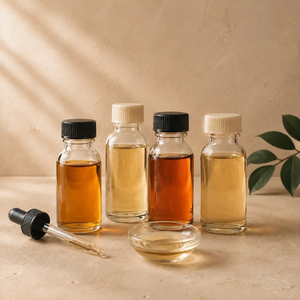 Liquid food flavor samples in glass bottles