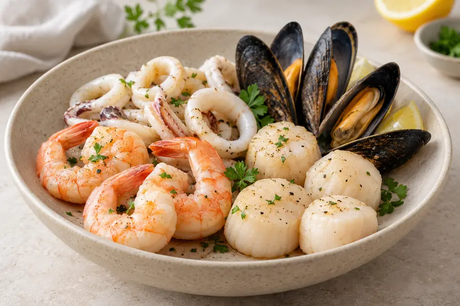Mixed shrimp, squid, mussels and scallops representing seafood flavor