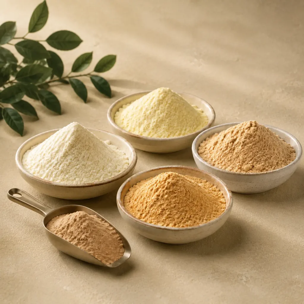 Assorted powder food flavors in ceramic bowls