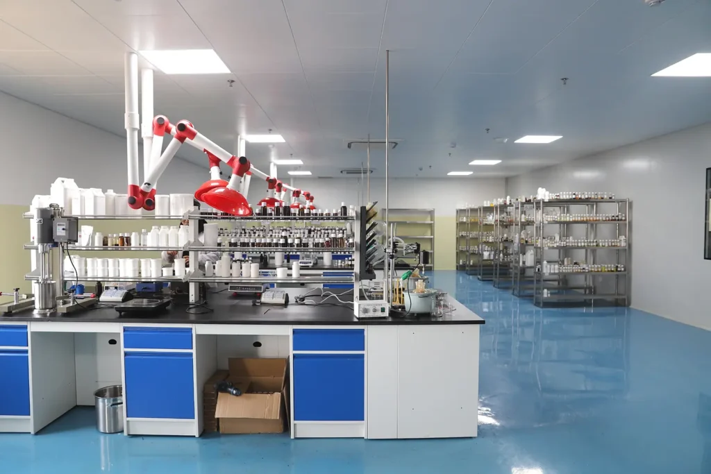 Flavor creation laboratory with flavor samples, testing equipment and organized ingredient shelves