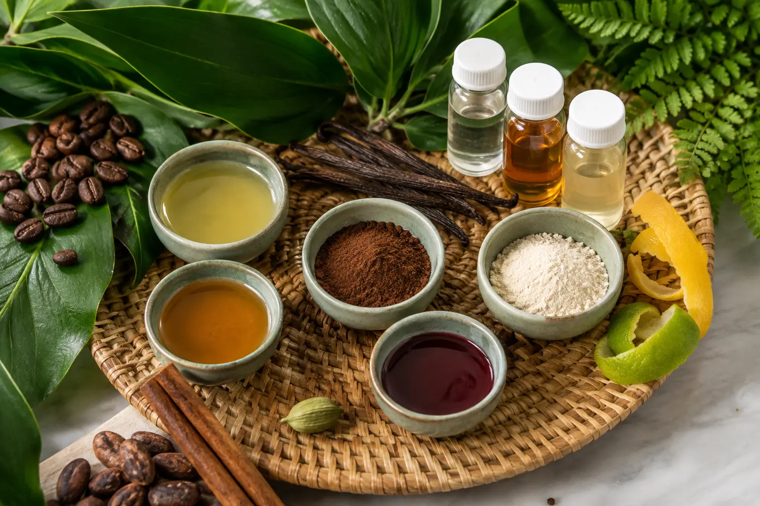 Liquid and powdered food flavor samples with vanilla, citrus, coffee, cocoa and spices