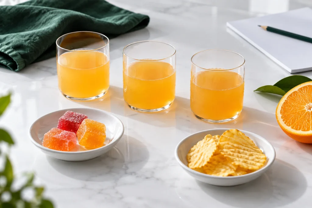Food and beverage samples prepared for sensory evaluation of flavor intensity and balance