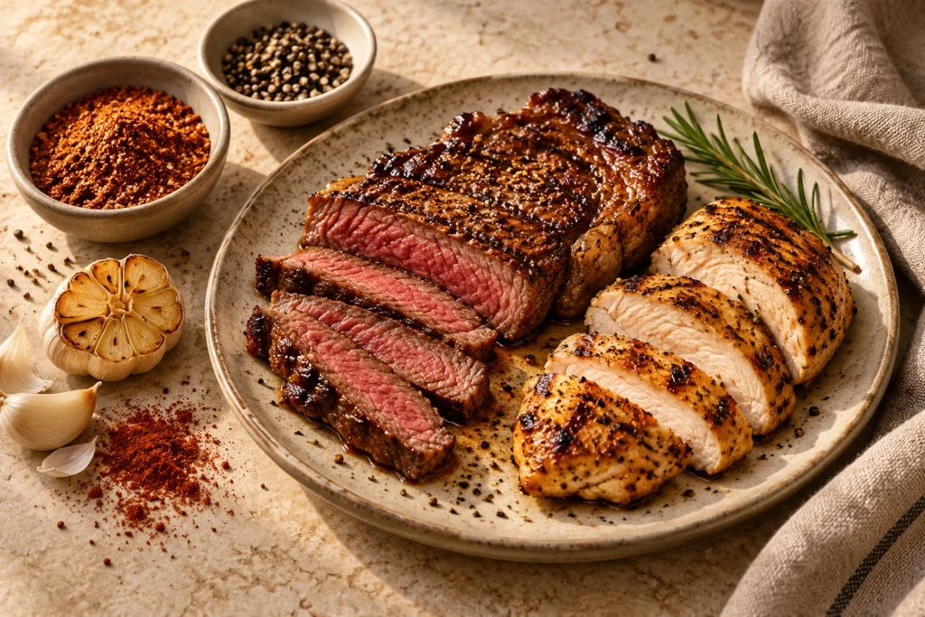 Sliced grilled beef and chicken on a ceramic plate with barbecue seasoning, black pepper, roasted garlic and rosemary