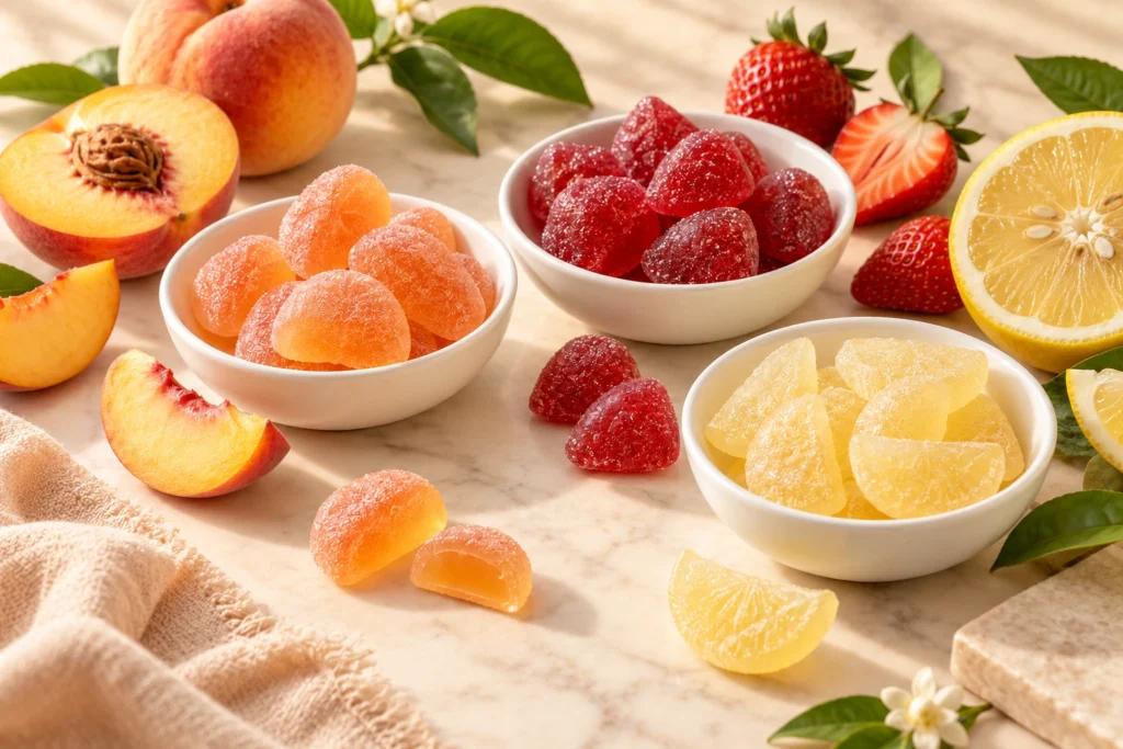 Fruit gummies with peaches, strawberries and citrus on a green and white cover about juicy candy flavor